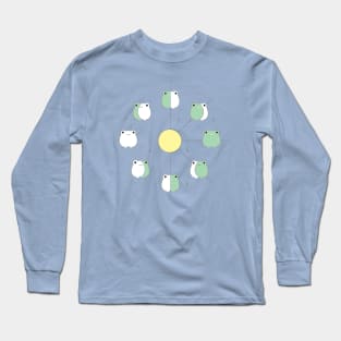 Kawaii Frog Phases of the Moon in Pastel Yellow and Aesthetic Sage Green Long Sleeve T-Shirt